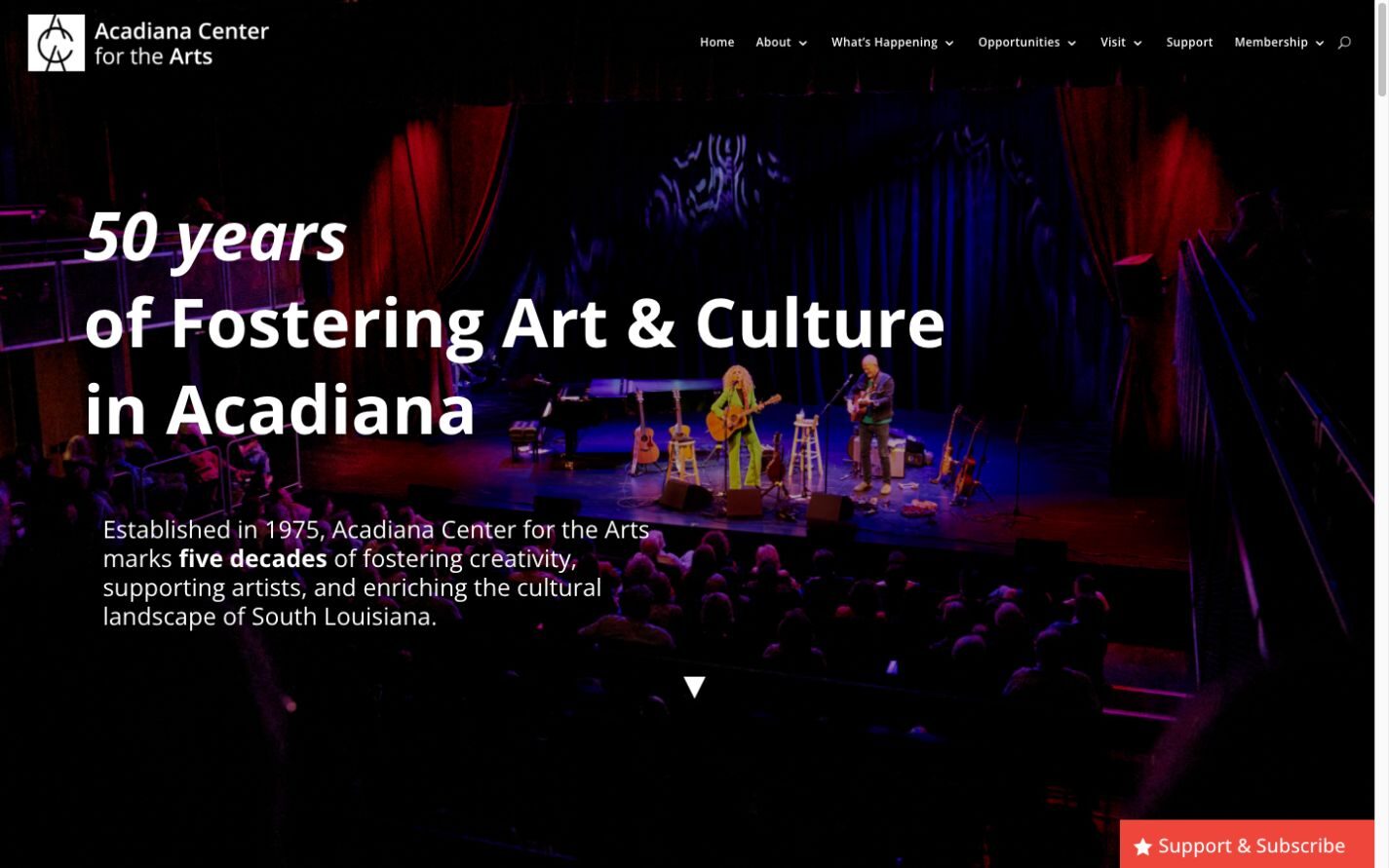 Acadiana Center for the Arts website on desktop